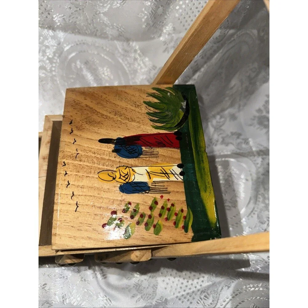 VTG Wood Fold-Out Sewing Box Hand Painted Mexico Double Handle Small 3 Tier